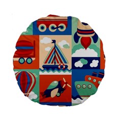 Toy-transport-cartoon-seamless-pattern-with-airplane-aerostat-sail-yacht-vector-illustration Standard 15  Premium Round Cushions