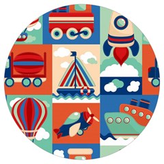 Toy-transport-cartoon-seamless-pattern-with-airplane-aerostat-sail-yacht-vector-illustration Round Trivet by Jancukart