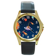 Background-template-with-bright-stars-dark-sky Round Gold Metal Watch