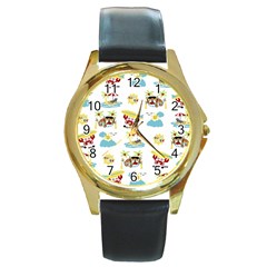 Vector-pattern-with-funny-animals-cartoon-summer-holiday-beach Round Gold Metal Watch