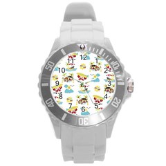 Vector-pattern-with-funny-animals-cartoon-summer-holiday-beach Round Plastic Sport Watch (l) by Jancukart