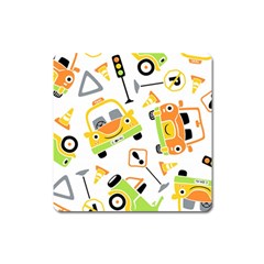 Seamless-pattern-vector-illustration-vehicles-cartoon Square Magnet