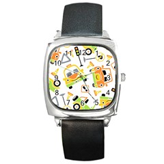 Seamless-pattern-vector-illustration-vehicles-cartoon Square Metal Watch