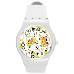 Seamless-pattern-vector-illustration-vehicles-cartoon Round Plastic Sport Watch (m)