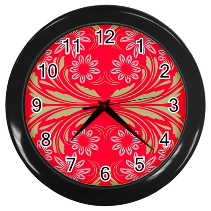 Folk flowers print Floral pattern Ethnic art Wall Clock (Black)