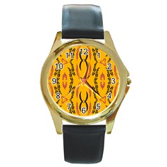 Folk Flowers Print Floral Pattern Ethnic Art Round Gold Metal Watch by Eskimos