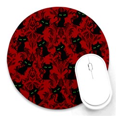 Halloween Goth Cat Pattern In Blood Red Round Mousepads by NerdySparkleGoth