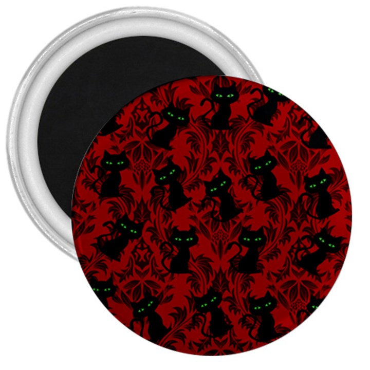 Halloween Goth Cat Pattern in Blood Red 3  Magnets