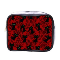 Halloween Goth Cat Pattern In Blood Red Mini Toiletries Bag (one Side) by NerdySparkleGoth