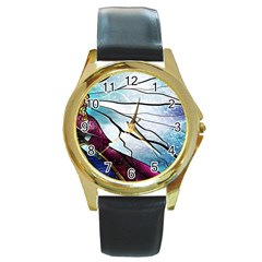 Anna Disney Frozen Stained Glass Round Gold Metal Watch by artworkshop