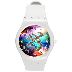 Browning Deer Glitter Galaxy Round Plastic Sport Watch (m) by artworkshop