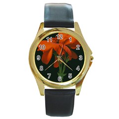 Red Geranium Over Black Background Round Gold Metal Watch by dflcprintsclothing