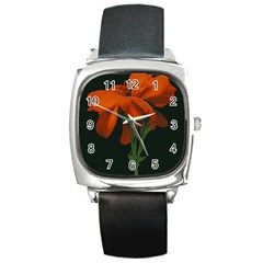 Red Geranium Over Black Background Square Metal Watch by dflcprintsclothing