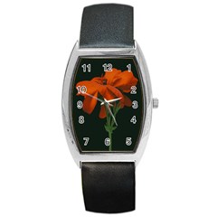 Red Geranium Over Black Background Barrel Style Metal Watch by dflcprintsclothing