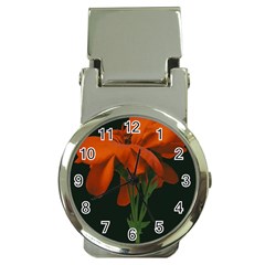 Red Geranium Over Black Background Money Clip Watches by dflcprintsclothing