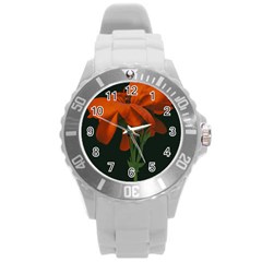 Red Geranium Over Black Background Round Plastic Sport Watch (l) by dflcprintsclothing