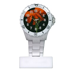 Red Geranium Over Black Background Plastic Nurses Watch by dflcprintsclothing