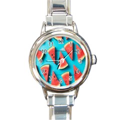 Watermelon Blue Background Round Italian Charm Watch by artworkshop