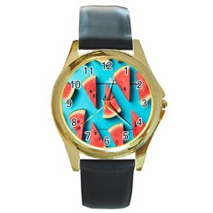 Watermelon Blue Background Round Gold Metal Watch by artworkshop