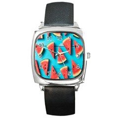 Watermelon Blue Background Square Metal Watch