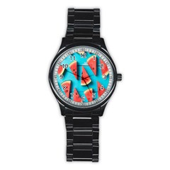 Watermelon Blue Background Stainless Steel Round Watch by artworkshop