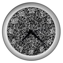 Dark Black And White Floral Pattern Wall Clock (silver) by dflcprintsclothing