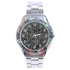 Dark Black And White Floral Pattern Stainless Steel Analogue Watch by dflcprintsclothing