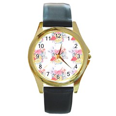 Flamingos Round Gold Metal Watch by Sparkle