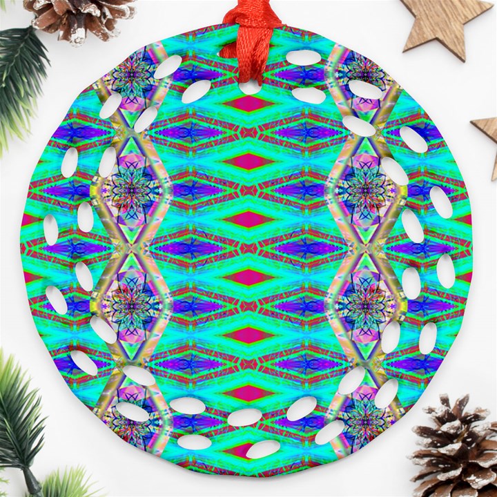 Techno Teal Round Filigree Ornament (Two Sides)