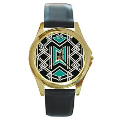 Abstract Pattern Geometric Backgrounds  Round Gold Metal Watch