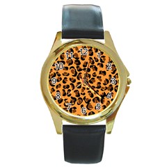 Orange Leopard Jaguar Dots Round Gold Metal Watch by ConteMonfrey