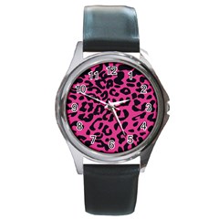 Leopard Print Jaguar Dots Pink Neon Round Metal Watch by ConteMonfrey