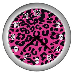 Leopard Print Jaguar Dots Pink Neon Wall Clock (silver) by ConteMonfrey