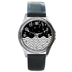 Black And White Waves And Stars Abstract Backdrop Clipart Round Metal Watch by Amaryn4rt