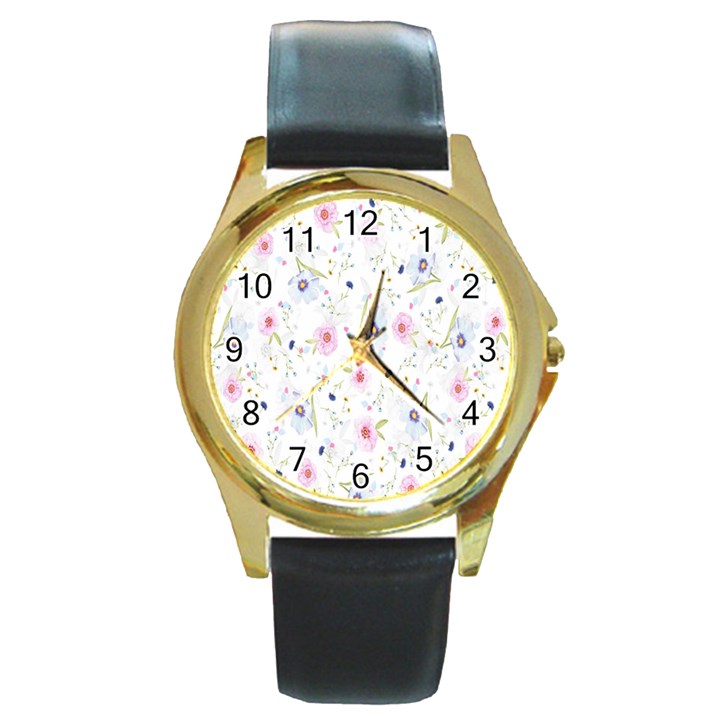 Pattern Flowers Round Gold Metal Watch