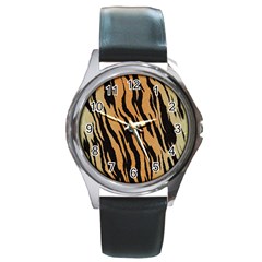 Tiger Animal Print A Completely Seamless Tile Able Background Design Pattern Round Metal Watch by Amaryn4rt