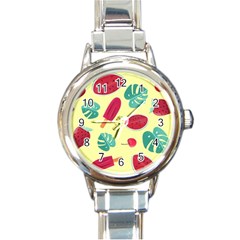 Watermelon Leaves Cherry Background Pattern Round Italian Charm Watch by nate14shop