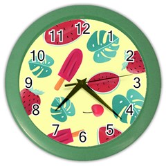 Watermelon Leaves Cherry Background Pattern Color Wall Clock by nate14shop