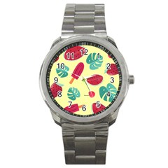 Watermelon Leaves Cherry Background Pattern Sport Metal Watch by nate14shop