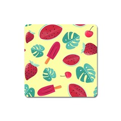 Watermelon Leaves Cherry Background Pattern Square Magnet