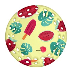 Watermelon Leaves Cherry Background Pattern Round Filigree Ornament (two Sides)