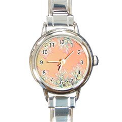 Peach Spring Frost On Flowers Fractal Round Italian Charm Watch by Artist4God