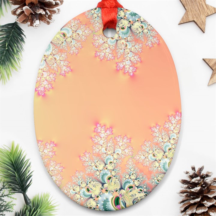 Peach Spring Frost On Flowers Fractal Oval Ornament (Two Sides)