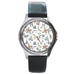 Seamless-pattern-with-moth-butterfly-dragonfly-white-backdrop Round Metal Watch