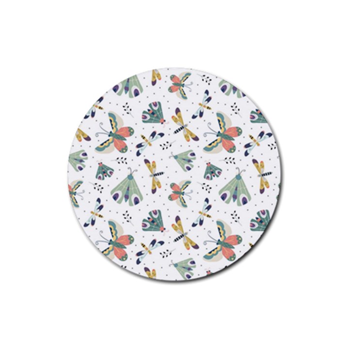 Seamless-pattern-with-moth-butterfly-dragonfly-white-backdrop Rubber Round Coaster (4 pack)