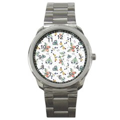 Seamless-pattern-with-moth-butterfly-dragonfly-white-backdrop Sport Metal Watch