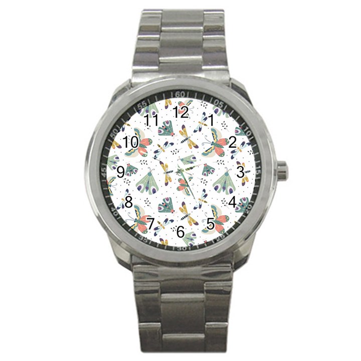 Seamless-pattern-with-moth-butterfly-dragonfly-white-backdrop Sport Metal Watch