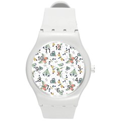 Seamless-pattern-with-moth-butterfly-dragonfly-white-backdrop Round Plastic Sport Watch (m)