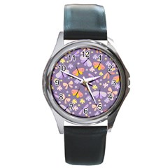 Vector-seamless-pattern-with-butterflies-beetles Round Metal Watch