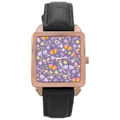 Vector-seamless-pattern-with-butterflies-beetles Rose Gold Leather Watch 